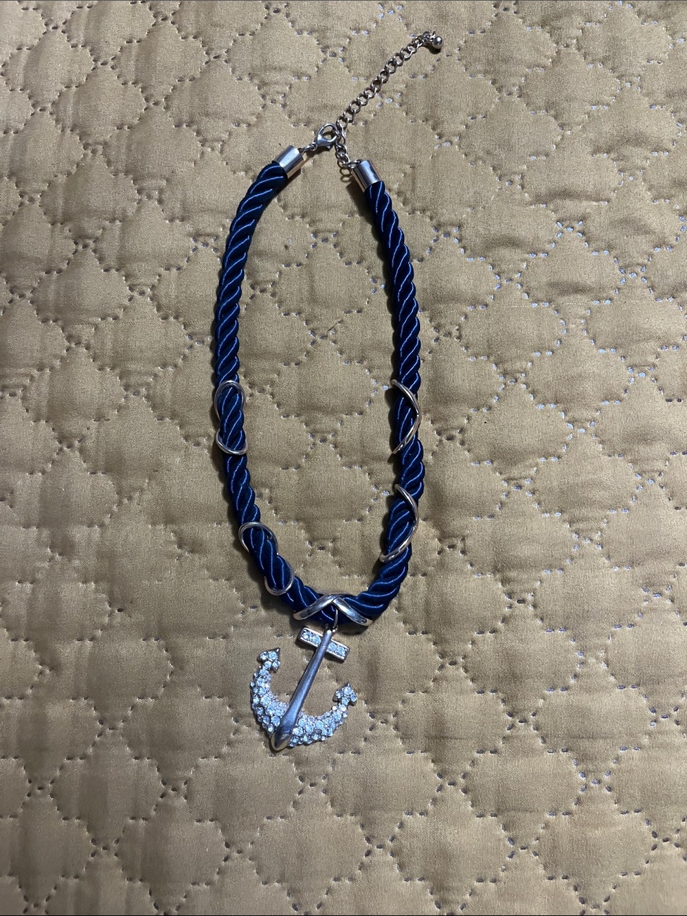 Vintage Navy Blue Rope Necklace with Rhinestone Anchor Pendant